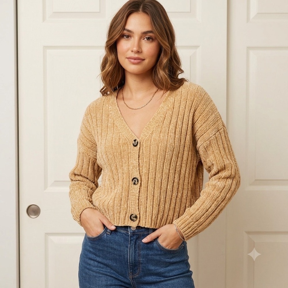 Lavender Moon Cardigan Sweater Womens Large Tan Chenille Ribbed V-Neck Buttons